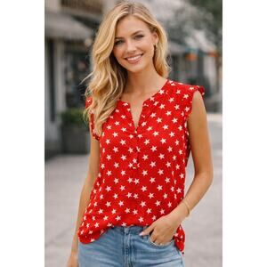 NEW YORK COMPANY Red White Star Design Half Placket Sleeveless Tank sz Large